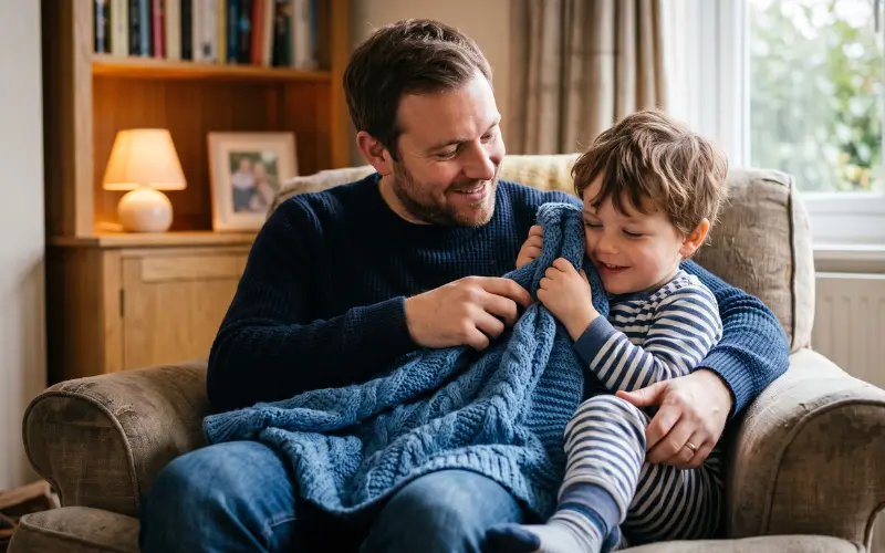 father explaining blue colour softness to his visually impaired child at home
