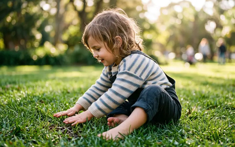 visually impaired child learning green colour through touching fresh grass