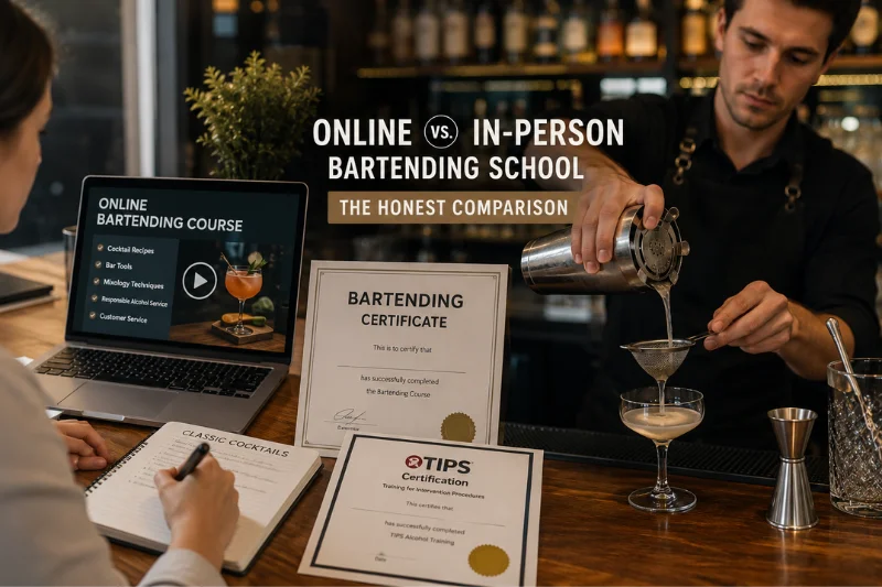 online vs. in-person bartending school the honest comparison